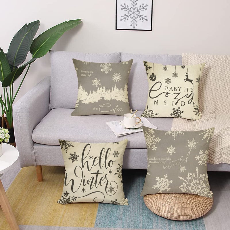 Fjfz Hello Winter Grey White Decorative Throw Pillow Cover 18x18 Set of 4  Baby It's Cozy Inside Christmas Snowflake Home Decorations  Pine Tree Holiday Reindeer Farmhouse Cushion Case Decor for Couch - Image 4